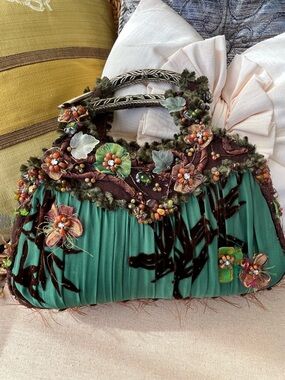 Mary Frances Vintage Green Floral Embellished Satin Handbag